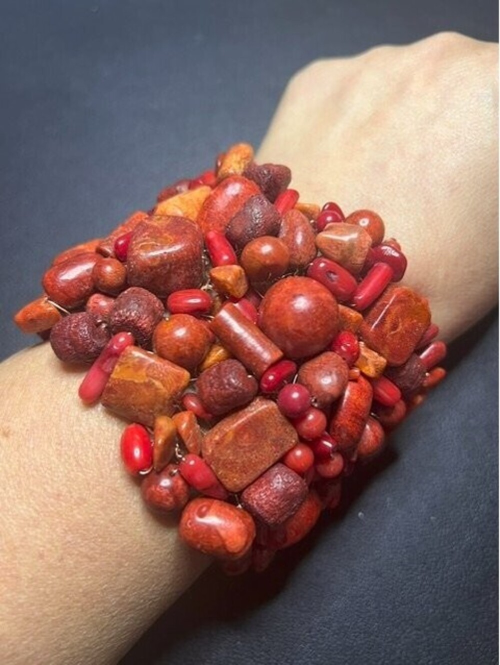 B6167 Red Coral Beaded Wide Cuff Bracelet  Artisan Statement handmade 7.5" boho